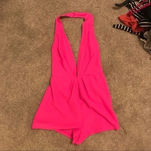 Victoria Sophia plunging halter hot pink romper